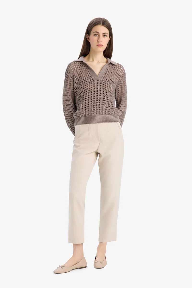 ديفاكتو Relax Fit Polo Neck Basic Openwork Knit Pullover