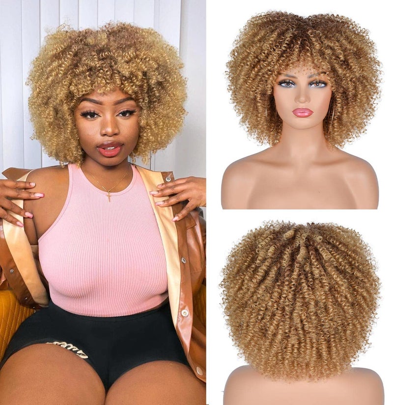ANNISOUL 10Inch Short Curly Afro Wigs for Black Women Bomb Afro Kinky Curly Wig with Bangs Synthetic Fiber Full WigOmbre Blonde