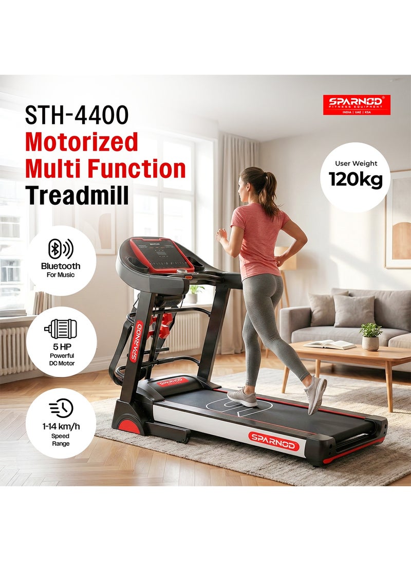 Sparnod Fitness STH-4400 Motorised Multifunction Foldable Treadmill for Home Use, 5HP Peak Motor, 1–14 km/h Speed, 15% Auto Incline, 12 Preset Programs, LED Display, USB/Bluetooth, 120 kg Capacity - Image 2