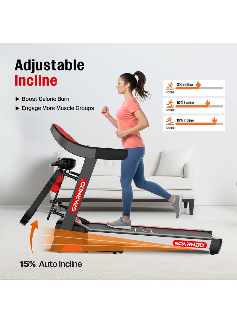 Sparnod Fitness STH-4400 Motorised Multifunction Foldable Treadmill for Home Use, 5HP Peak Motor, 1–14 km/h Speed, 15% Auto Incline, 12 Preset Programs, LED Display, USB/Bluetooth, 120 kg Capacity - Image 5