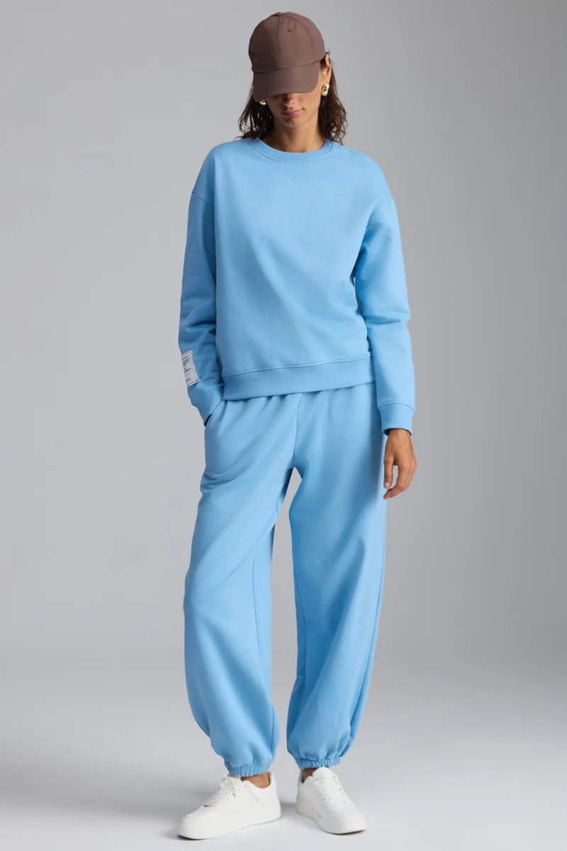 GRIMELANGE Nohely Women's Organic Cotton Inside Trimmed Decorative Label Blue Sweatpants