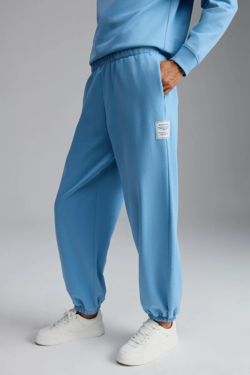 GRIMELANGE Nohely Women's Organic Cotton Inside Trimmed Decorative Label Blue Sweatpants