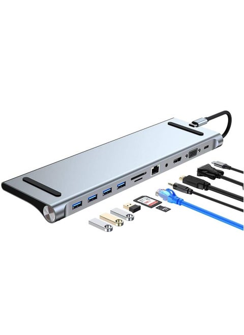 USB Type C Charging Dock;11 in 1 Hub for MacBook Pro Aluminum with Gigabit Ethernet HDMI VGA Audio Microphone Port SD/TF Card Reader