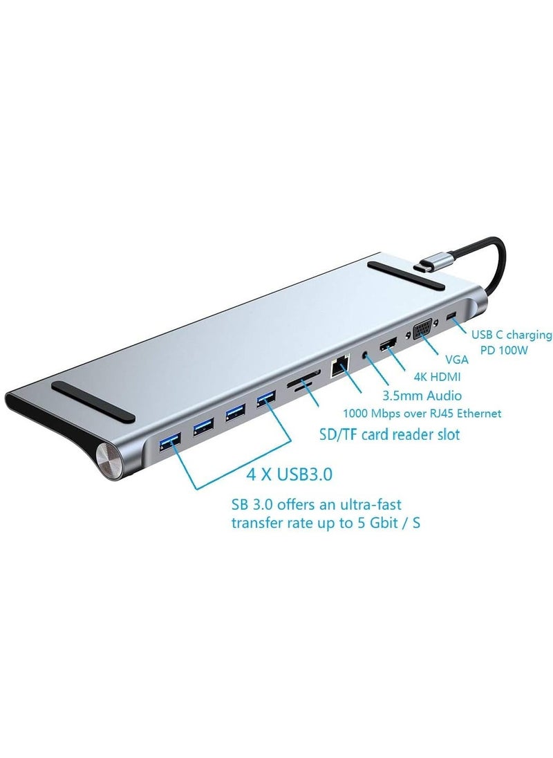 Generic - USB Type C Charging Dock;11 in 1 Hub for MacBook Pro Aluminum with Gigabit Ethernet HDMI VGA Audio Microphone Port SD/TF Card Reader - Image 1