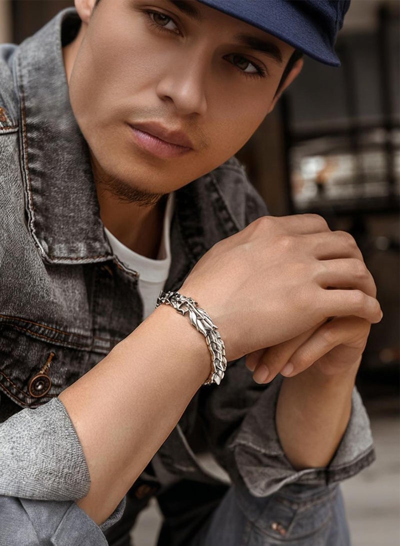 MUXGE Silver Men's Bracelet, Retro Dragon Scale Accessory-Size 22cm(8.66in) - Image 2