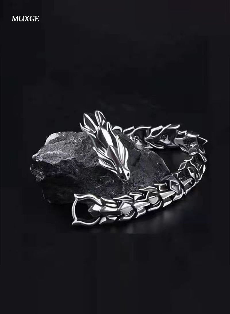MUXGE Silver Men's Bracelet, Retro Dragon Scale Accessory-Size 22cm(8.66in) - Image 4