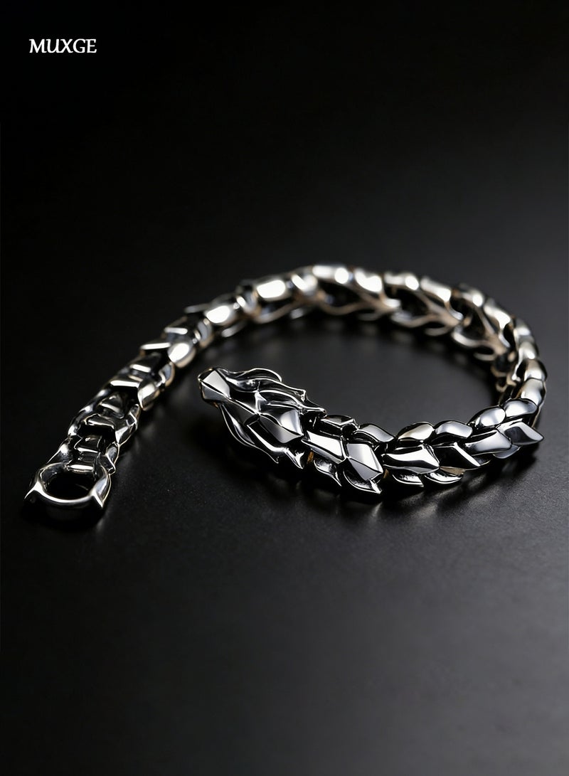 MUXGE Silver Men's Bracelet, Retro Dragon Scale Accessory-Size 22cm(8.66in) - Image 5