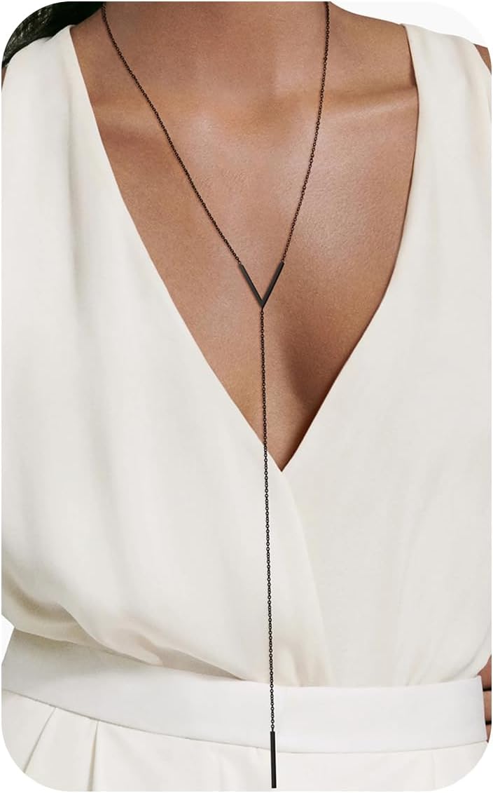 FOCALOOK Long Necklaces for Women 14K Gold Plated Dainty Drop Bar Pendant Lariat Y-Shaped Necklace Earring Set 28inch/73cm - Image 1