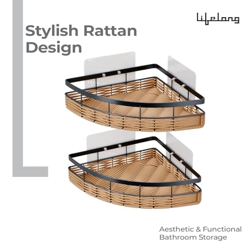Lifelong Bathroom Corner Shelf for Storage | Set of 2 | Dual Installation - Adhesive Sticker & Screws | Rustproof, Space-Saving | Strong and Durable, Easy Install with Strong Hold (Black, LLBCR01) - Image 2