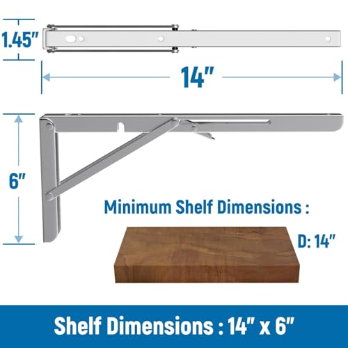 LEOPO 14 inch Folding Shelf Brackets2 Pack Foldable Heavy Duty Triangle Collapsible Wall Mounted Brackets for Fold Down Table Space Saving for Bench Table with Screws Stainless Steel - Image 3