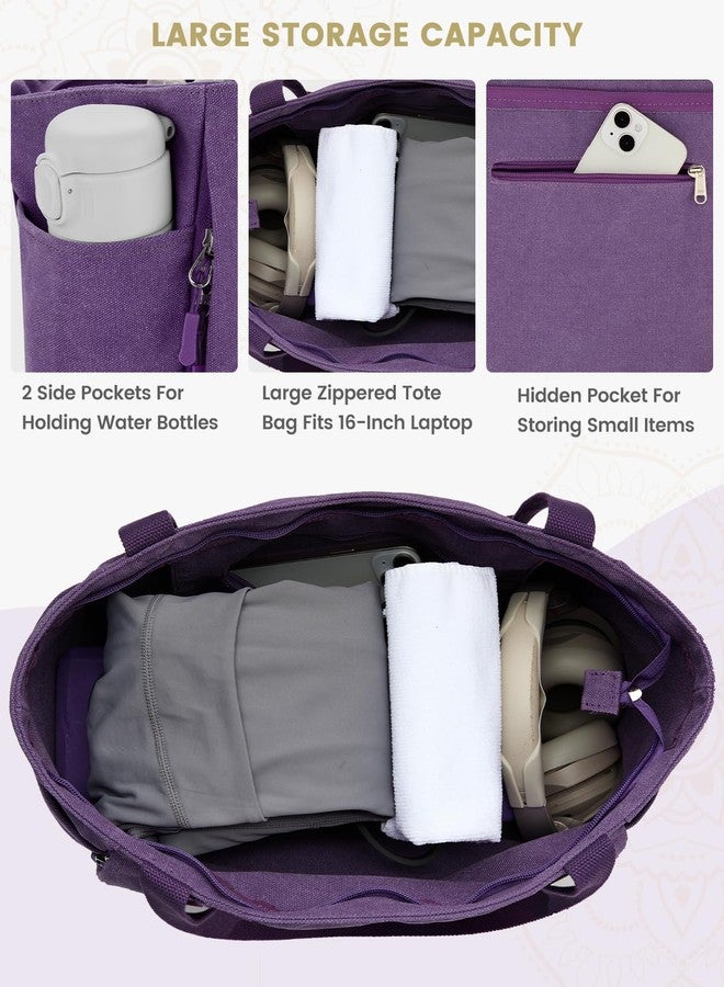 Gonex Yoga Mat Bag, Large Yoga Tote Bag with Multi Pockets for Women Men, Canvas Yoga Mat Carrier Fits Yoga Blocks & Accessories, Full Zipper Easy Access for Pilates, Gym, Travel, Purple, Large - Image 3