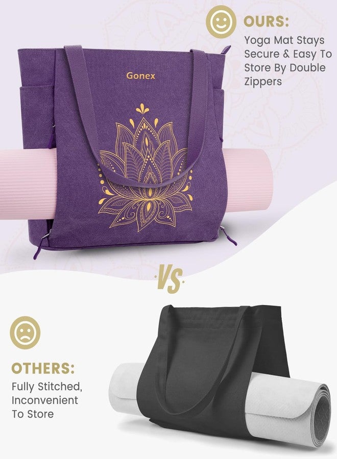 Gonex Yoga Mat Bag, Large Yoga Tote Bag with Multi Pockets for Women Men, Canvas Yoga Mat Carrier Fits Yoga Blocks & Accessories, Full Zipper Easy Access for Pilates, Gym, Travel, Purple, Large - Image 2