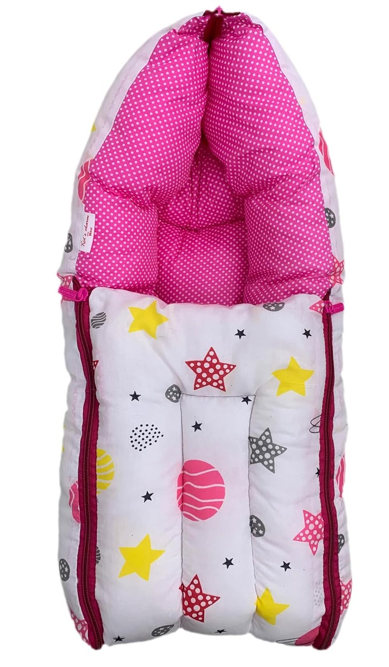 Kid's Charm Kids Charm Planet Mini 3 in 1 Babys Cotton Bed Cum Carry Bed Printed Baby Sleeping BagBaby BedInfant Portable for Unisex Easily Portable Light Weight Carry for New Born 04 Months Old Pink - Image 1