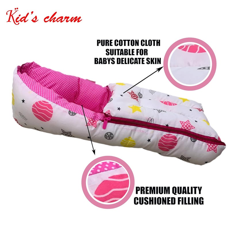 Kid's Charm Kids Charm Planet Mini 3 in 1 Babys Cotton Bed Cum Carry Bed Printed Baby Sleeping BagBaby BedInfant Portable for Unisex Easily Portable Light Weight Carry for New Born 04 Months Old Pink - Image 4