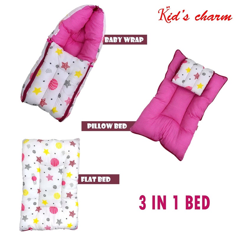 Kid's Charm Kids Charm Planet Mini 3 in 1 Babys Cotton Bed Cum Carry Bed Printed Baby Sleeping BagBaby BedInfant Portable for Unisex Easily Portable Light Weight Carry for New Born 04 Months Old Pink - Image 2
