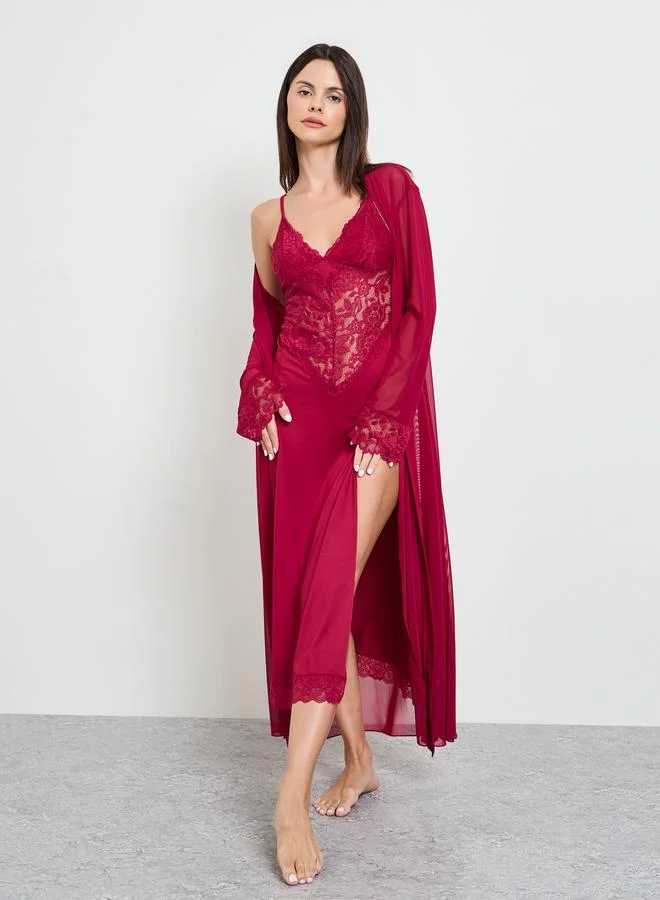 Take Two Burgundy Pack Of 2 - Lace Slip And Robe Set