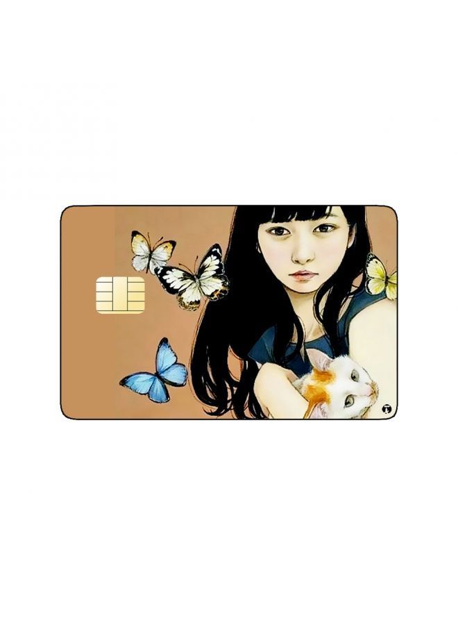 RKN PRINTED BANK CARD STICKER Cute Girl Drawing With Cats And Butterflies - Image 1