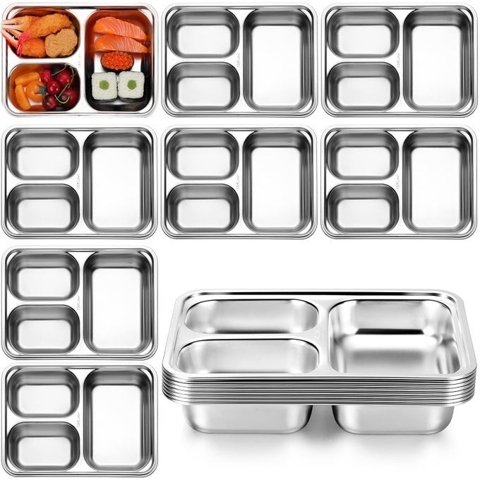 8 PACK 304 STAINLESS STEEL DIVIDED PLATES TRAY RECTANGULAR METAL DINNER SECTION PLATES FOR ADULTS KIDS FOOD PORTION CONTROL CAMPING LUNCH3 COMPARTMENT STYLE