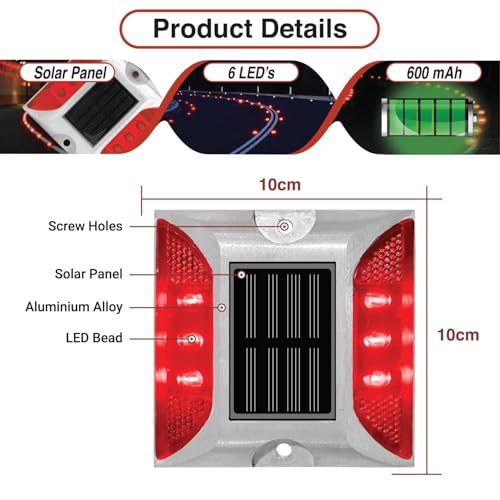 kh Solar Road Stud Light Road Reflector Waterproof 6 LED Solar Powered Blinker for Anti-diecast Aluminum Deck Lights for Driveway, Dock, Markers, Step, Staircase, Garden (Pack of 2) - Image 3