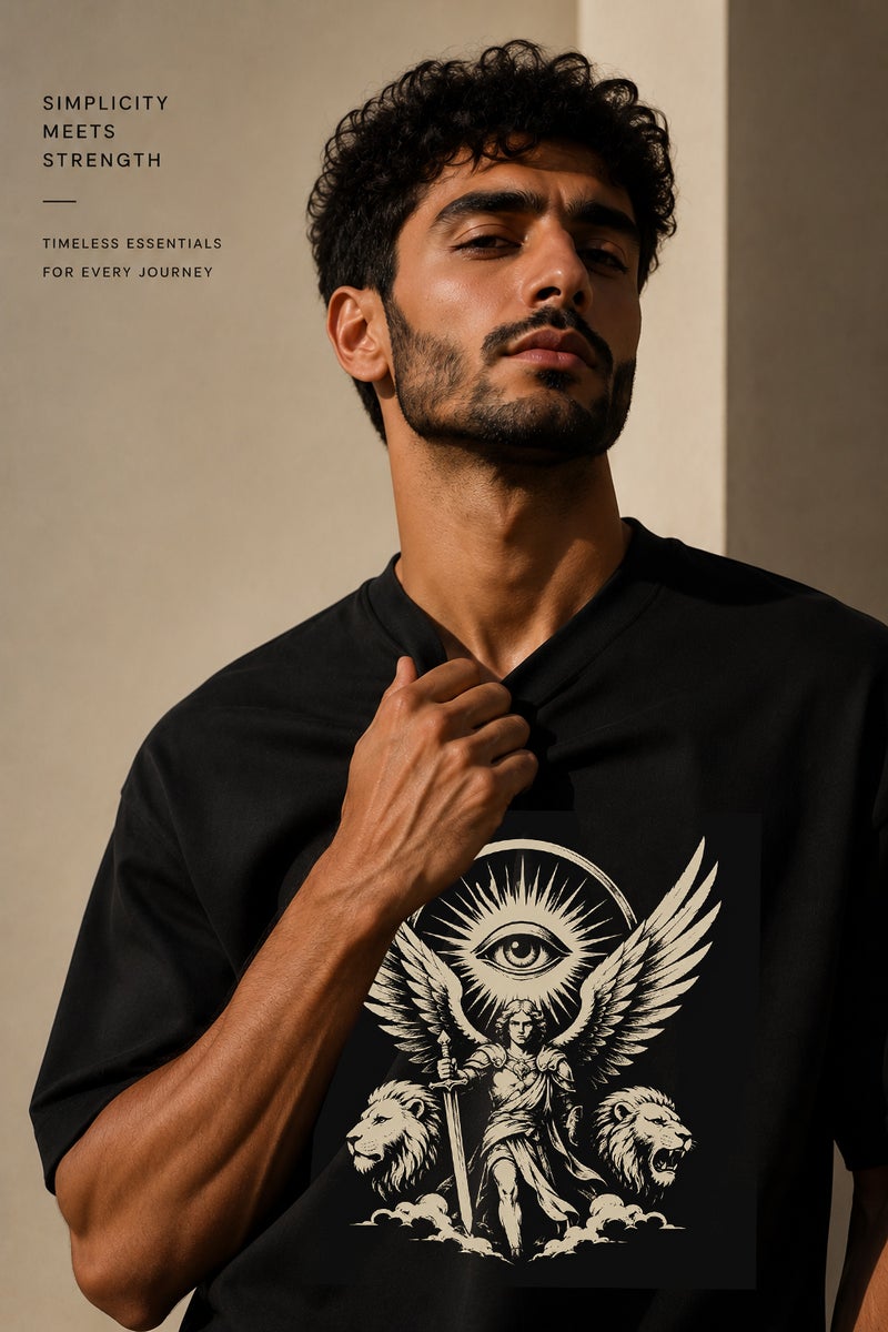 Men's Oversized Black Graphic T-Shirt Angel Wing Eye Print Casual Short Sleeve Crew Neck Streetwear Tee - Image 5