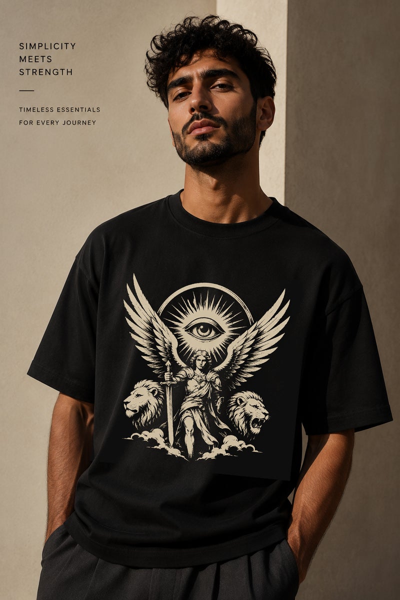 Men's Oversized Black Graphic T-Shirt Angel Wing Eye Print Casual Short Sleeve Crew Neck Streetwear Tee - Image 1
