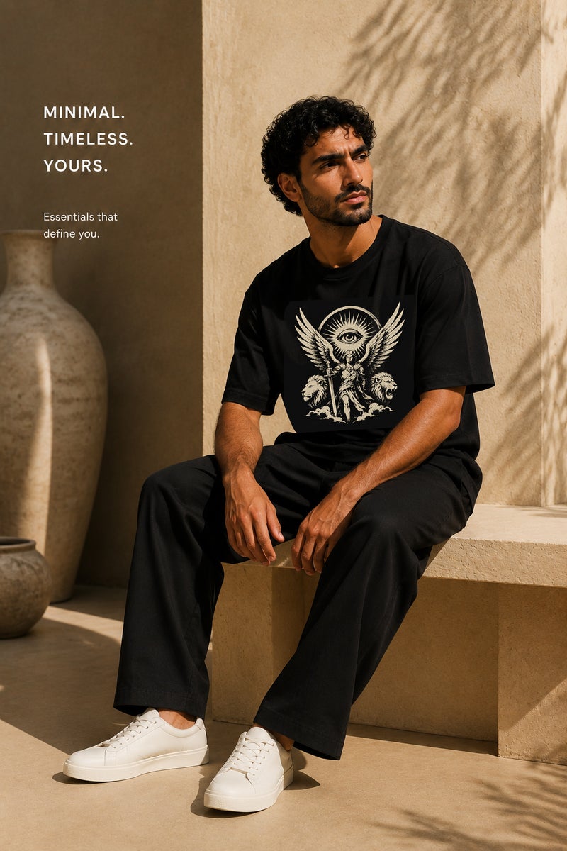 Men's Oversized Black Graphic T-Shirt Angel Wing Eye Print Casual Short Sleeve Crew Neck Streetwear Tee - Image 4