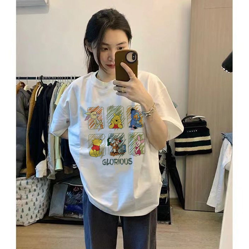 Hong Kong style ice silk short sleeve T-shirt men and women same cartoon strawberry bear print couple summer loose top half sleeve - Image 1