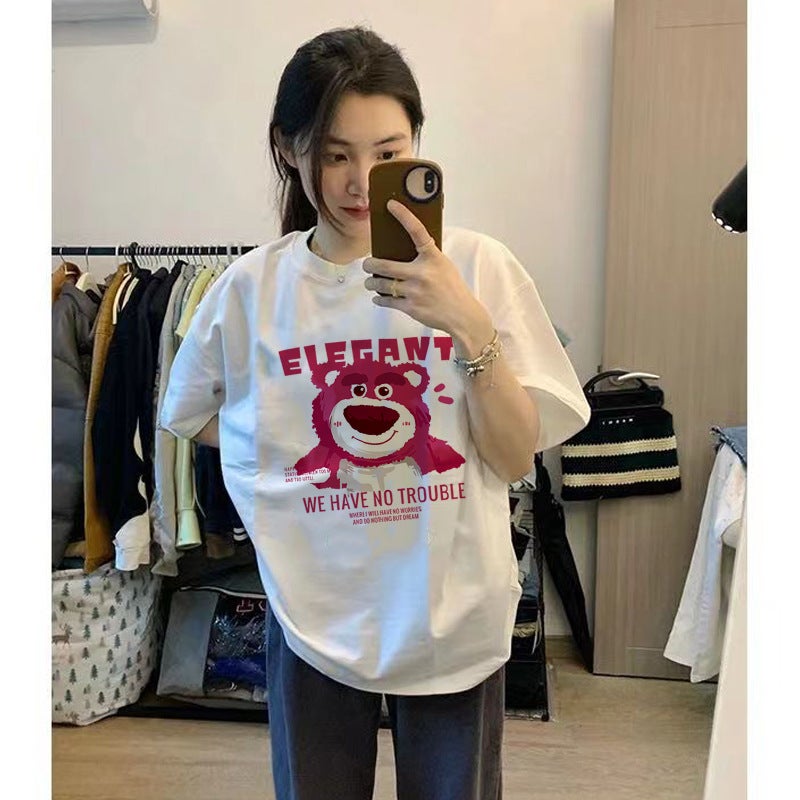 Hong Kong style ice silk short sleeve T-shirt men and women same cartoon strawberry bear print couple summer loose top half sleeve - Image 2