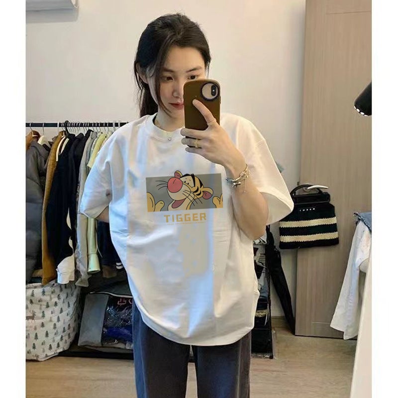 Hong Kong style ice silk short sleeve T-shirt men and women same cartoon strawberry bear print couple summer loose top half sleeve - Image 3