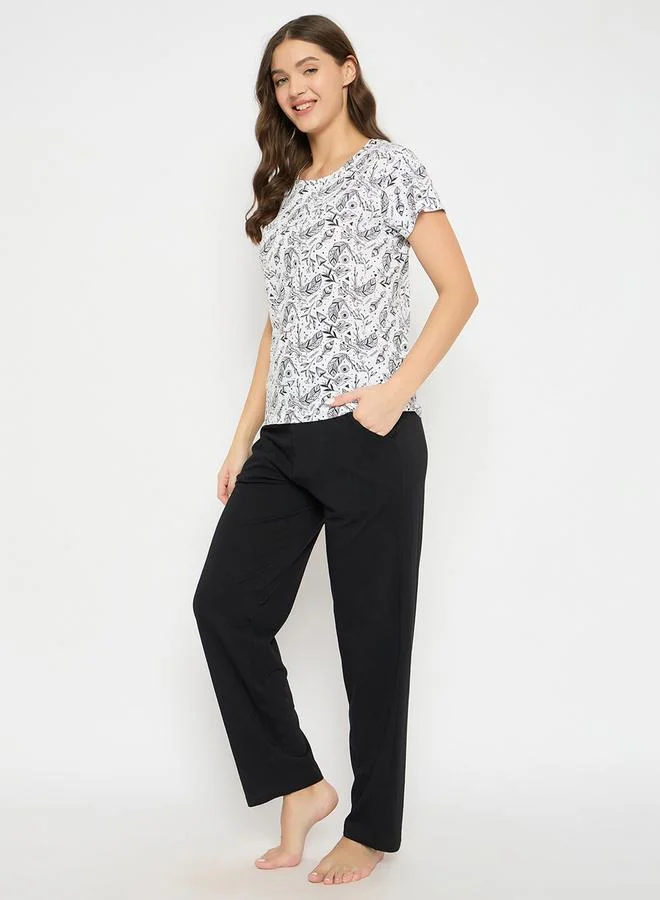 Clovia Women Printed Button Down Shirt and Pyjama Set