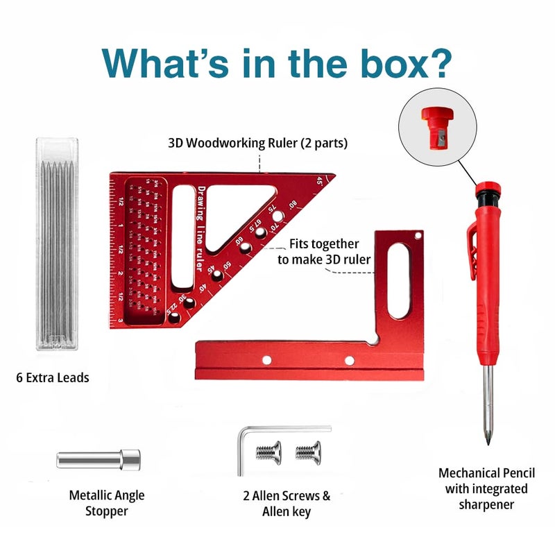 QUASINCH 4.7" Mini 3D Multi-Angle Measuring Square Ruler, QWTR1 High Precision Hole Scribing Woodworking Tools - Image 2