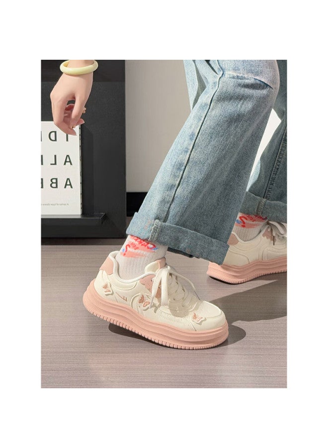 Pull Back Huili Pink Butterfly Platform Shoes For Women, New Soft-soled Comfortable Casual Shoes, Beige Pink, Size 38 - Image 1