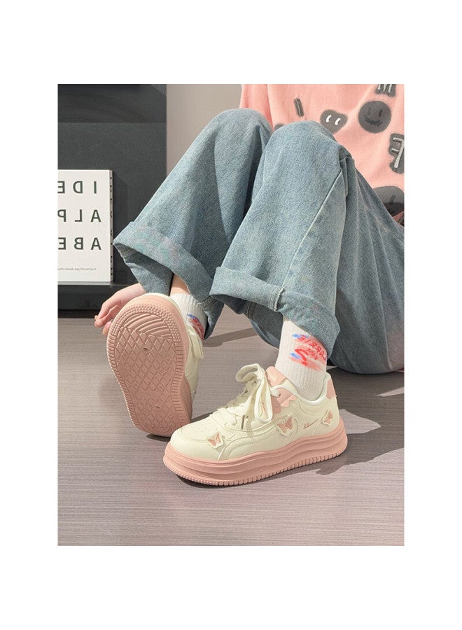 Pull Back Huili Pink Butterfly Platform Shoes For Women, New Soft-soled Comfortable Casual Shoes, Beige Pink, Size 38 - Image 2