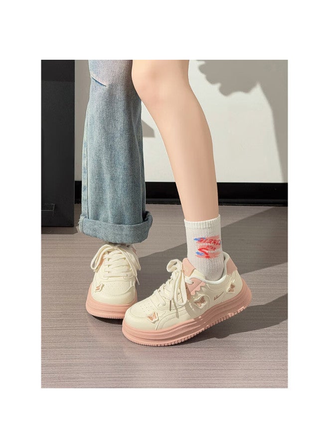Pull Back Huili Pink Butterfly Platform Shoes For Women, New Soft-soled Comfortable Casual Shoes, Beige Pink, Size 38 - Image 3