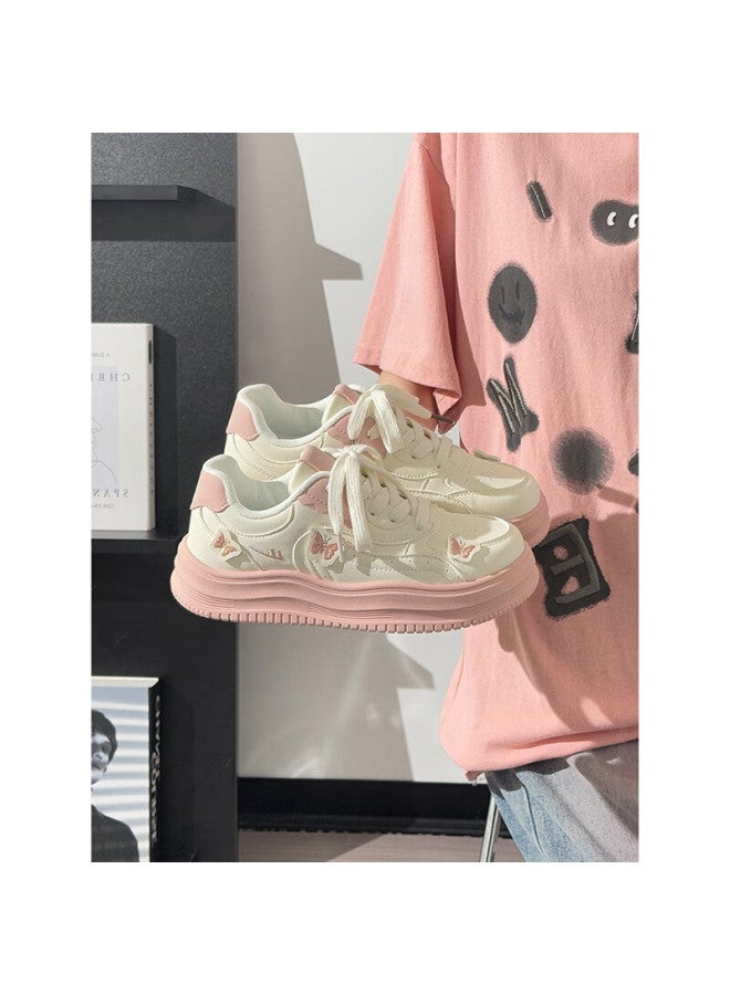 Pull Back Huili Pink Butterfly Platform Shoes For Women, New Soft-soled Comfortable Casual Shoes, Beige Pink, Size 38 - Image 5