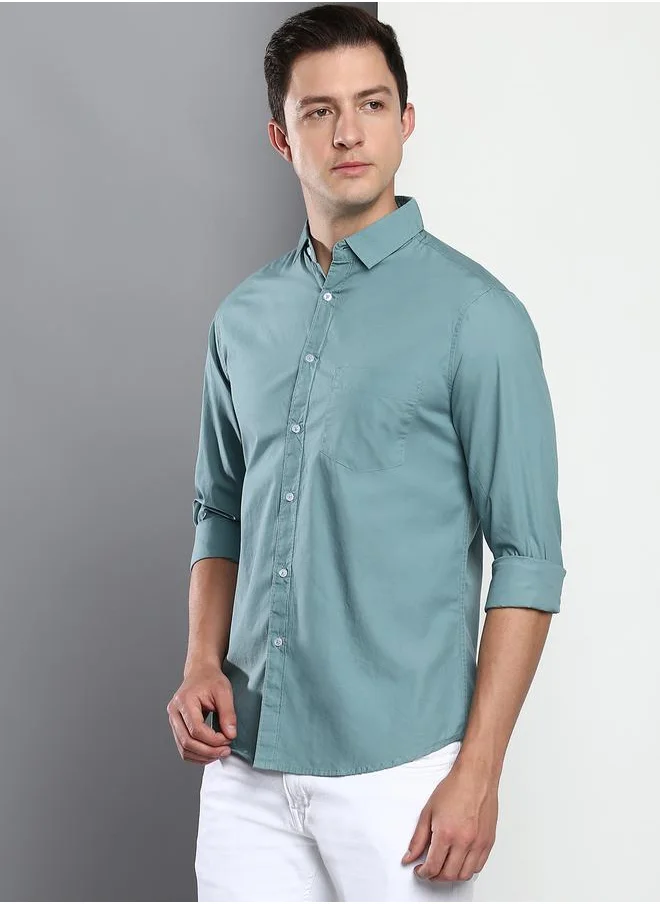 Dennis Lingo Men's Slim Fit Teal Blue Casual Cotton Spread Shirt