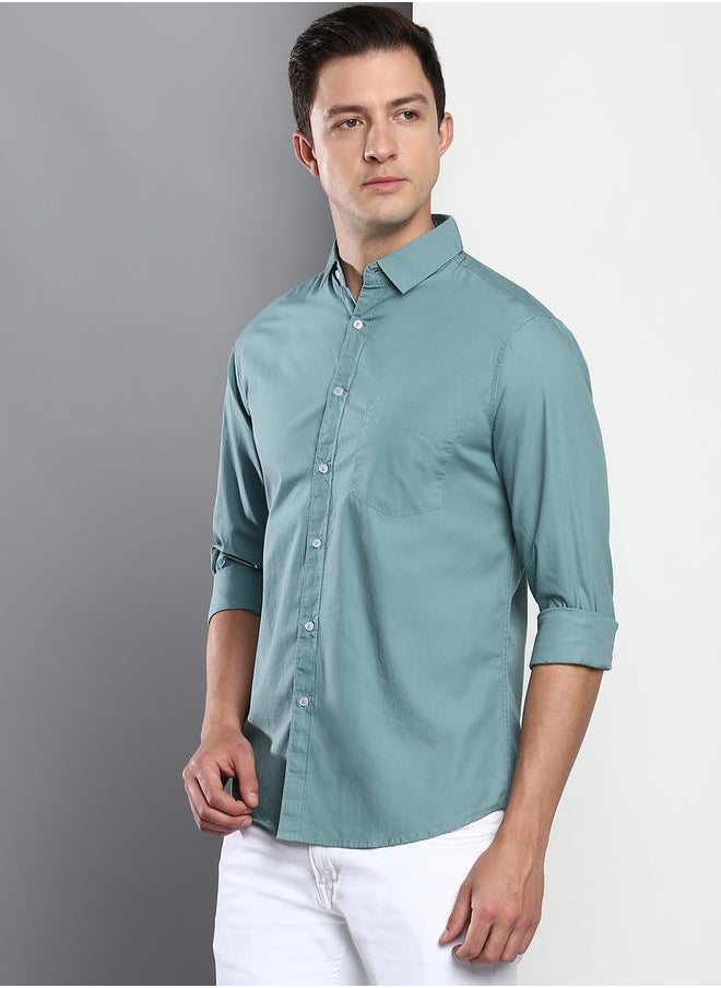 Dennis Lingo - Men's Slim Fit Teal Blue Casual Cotton Spread Shirt - Image 1