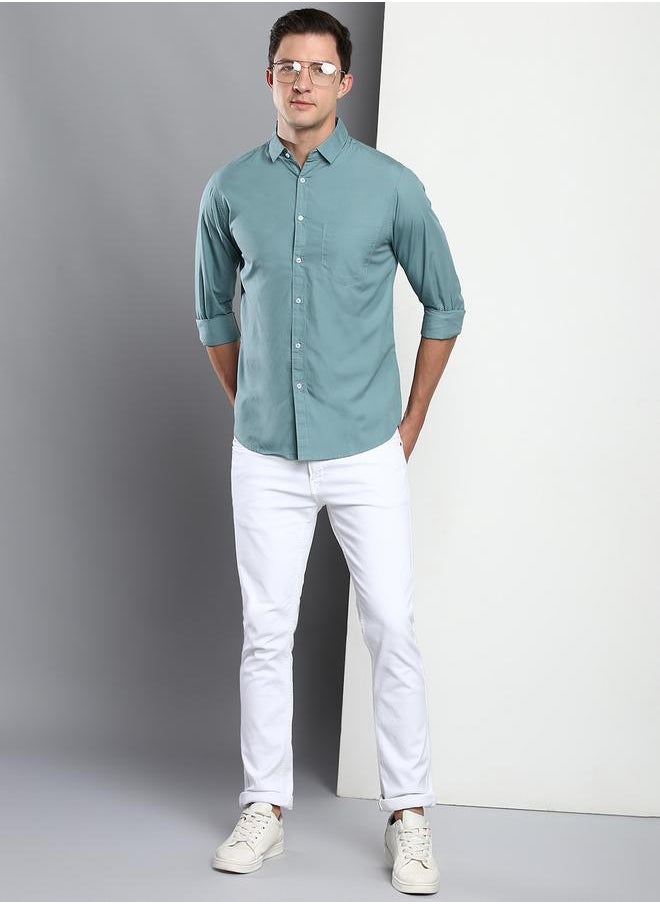 Dennis Lingo - Men's Slim Fit Teal Blue Casual Cotton Spread Shirt - Image 1