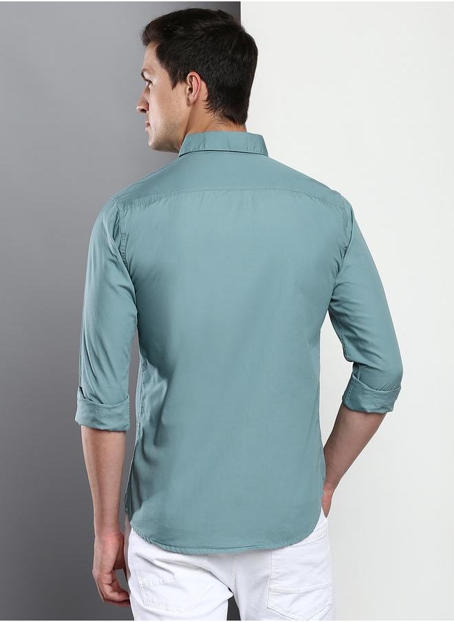 Dennis Lingo - Men's Slim Fit Teal Blue Casual Cotton Spread Shirt - Image 1