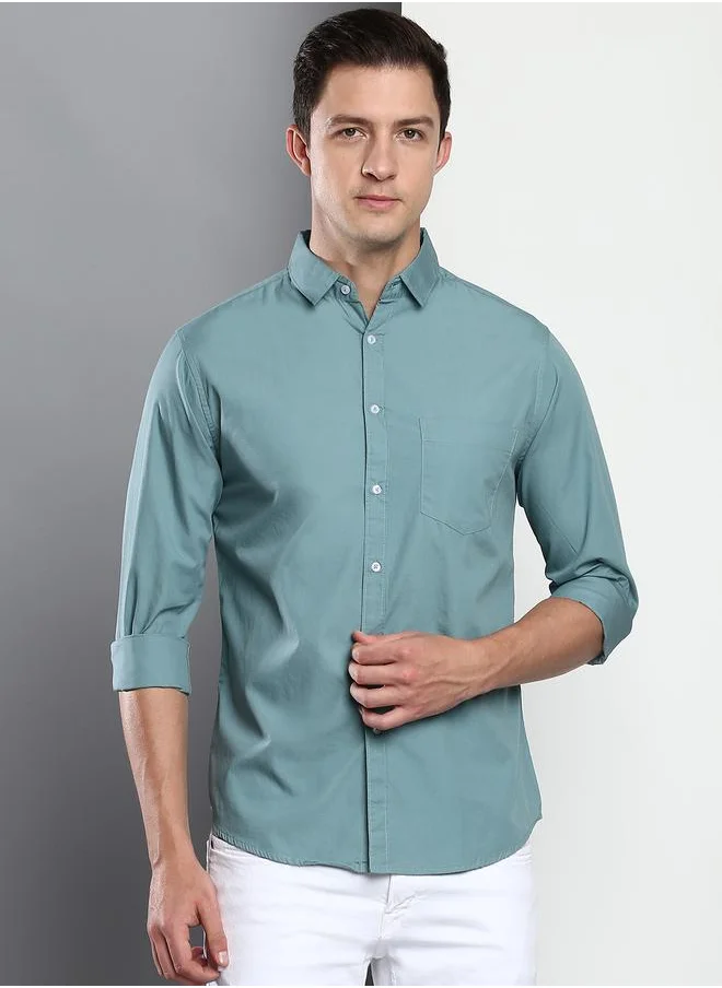 Dennis Lingo Men's Slim Fit Teal Blue Casual Cotton Spread Shirt