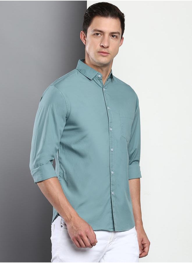 Dennis Lingo - Men's Slim Fit Teal Blue Casual Cotton Spread Shirt - Image 1
