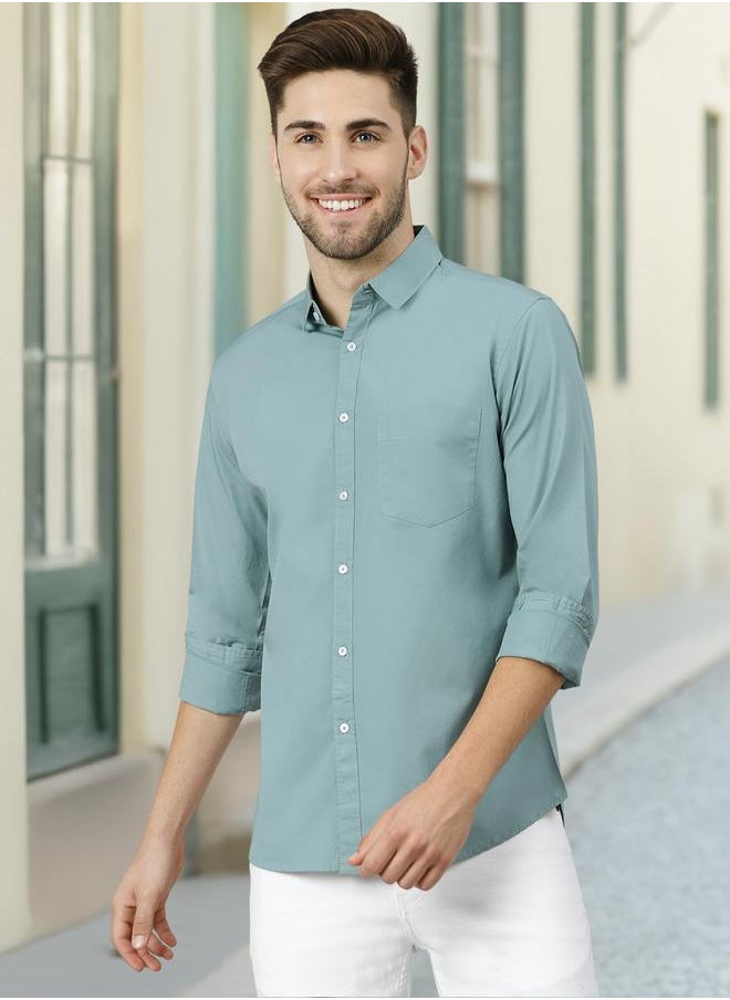 Dennis Lingo - Men's Slim Fit Teal Blue Casual Cotton Spread Shirt - Image 1
