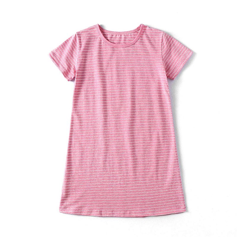 Uobzyaq Sleep Shirt for Girls Kids Cotton Stripes Nightgowns Summer Sleepover Nightdress Flouncy Sleepwear for 3-10 Years Watermelon Red Size 7-8Years(140) - Image 2