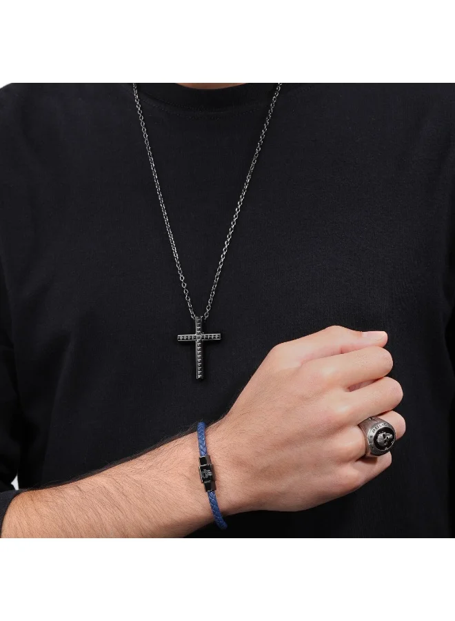 POLICE Geometric Grey Barrel & Navy Leather Bracelet Small