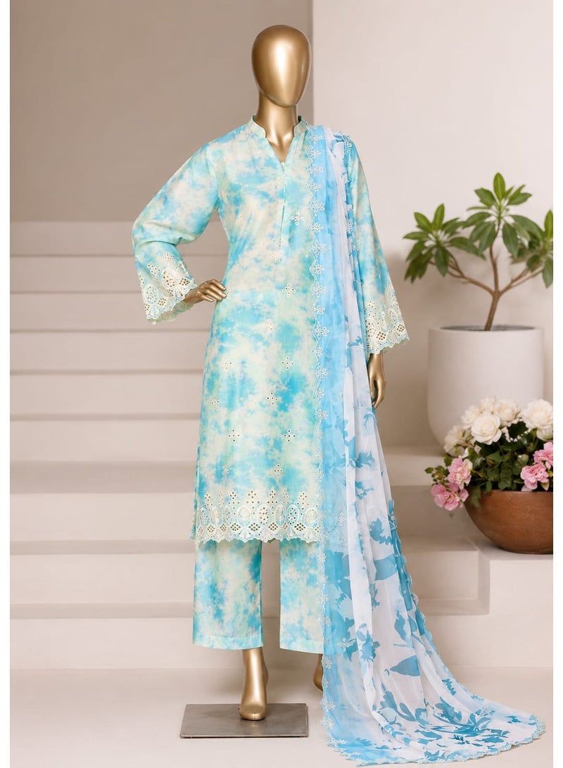 طقم بدلة "سلوار" نسائي مكون من 3 قطع باللون الأزرق السماوي ونمط الصباغة بالربط (Tie-Dye)، مع وشاح (دوباتا) مطبوع.