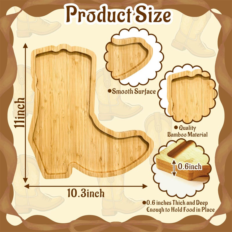 Easma 1PCS Wooden Cowboy Baby Shower Decoration Boots Charcuterie Boards Boots or Bows Gender Reveal Supplies Tableware First Rodeo Birthday Serving Tray Fillable Food Platter for Western Party Cowgirl Gift - Image 4
