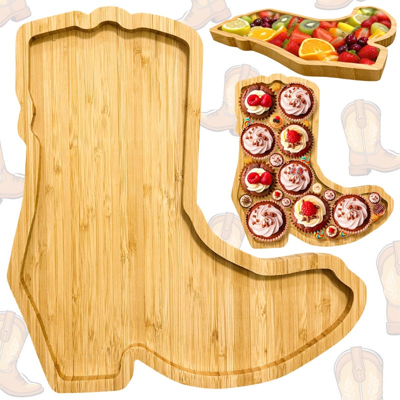 Easma 1PCS Wooden Cowboy Baby Shower Decoration Boots Charcuterie Boards Boots or Bows Gender Reveal Supplies Tableware First Rodeo Birthday Serving Tray Fillable Food Platter for Western Party Cowgirl Gift - Image 1
