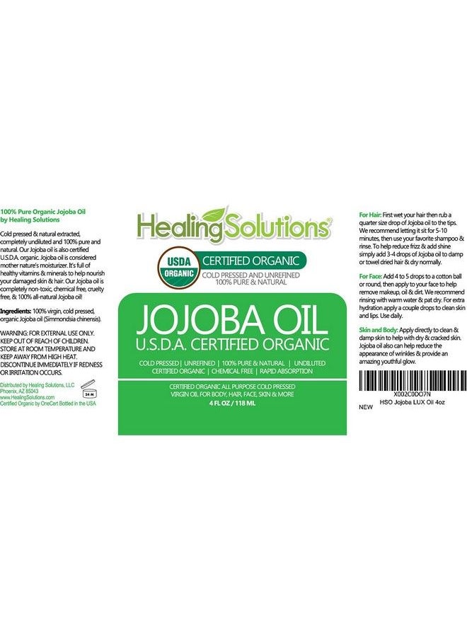 Healing Solutions - Jojoba Oil (Organic 4Oz) 100% Pure & Natural Cold Pressed Unrefined Hexane & Chemical Free Natural Carrier Oil & Cuticle Oil Solution For Face & Hair Helps Fight Acne & Moisturize Skin Now - Image 1