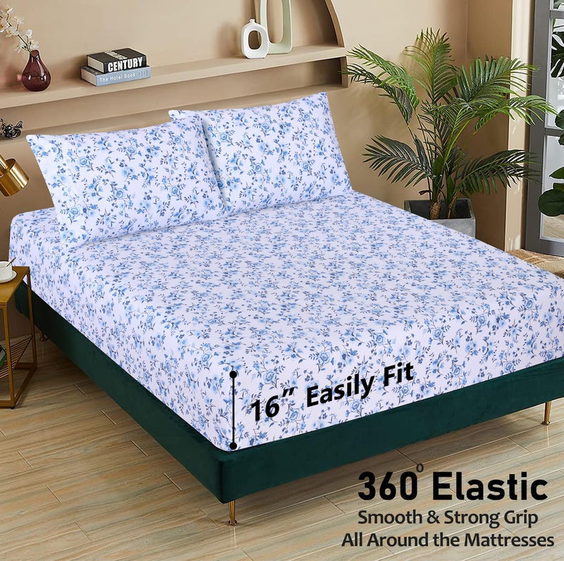 RUVANTI 100% Cotton Sheets â€“ Queen Size Percale Bedding, Cooling & Breathable Floral Design, Durable with a Crisp, Soft & Comfortable Feel, 16" Deep Pocket, 4-Piece Set, Annual - Image 4