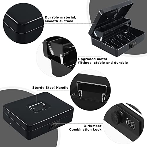 xydled Cash Box with Money Tray and Combination Lock,Tiered, Cantilever Design,4 Bill / 5 Coin Slots,11.8" x 9.5" x 3.5",Black - Image 3